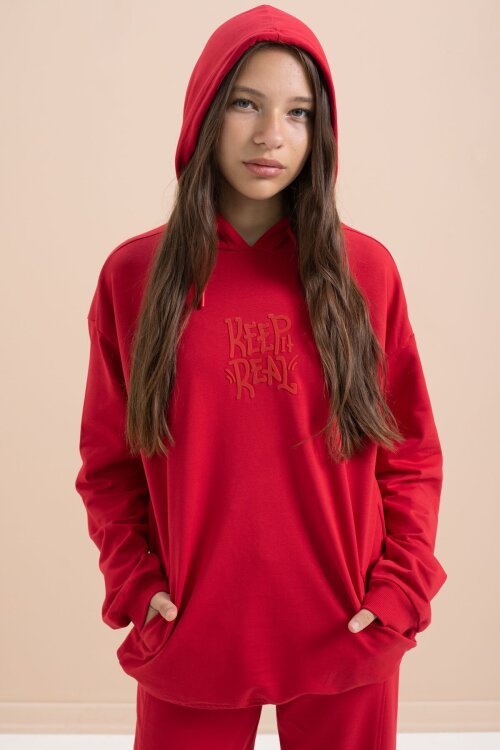 Kırmızı Yazı Baskılı Kapüşonlu Geniş Paça Kız Çocuk Eşofman Takımı 21431