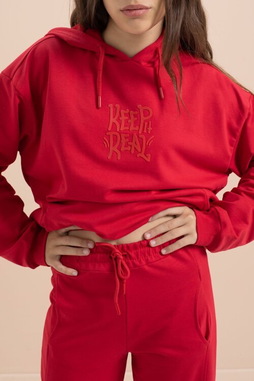 Kırmızı Yazı Baskılı Kapüşonlu Geniş Paça Kız Çocuk Eşofman Takımı 21431