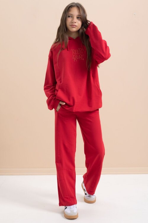 Kırmızı Yazı Baskılı Kapüşonlu Geniş Paça Kız Çocuk Eşofman Takımı 21431