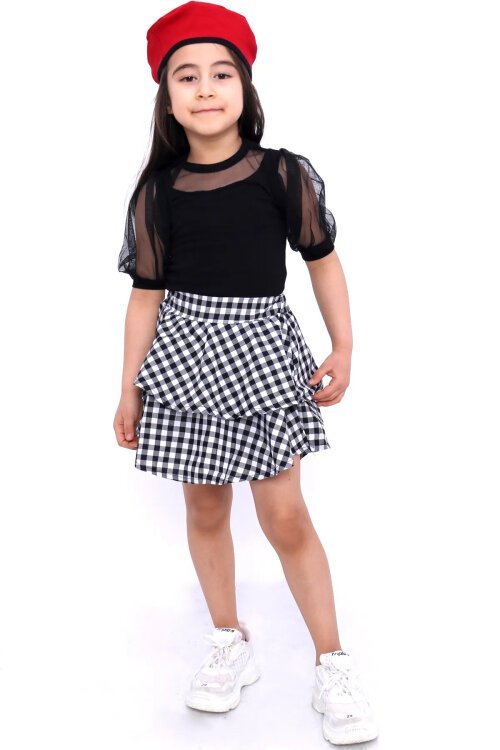 Kız Çocuk Siyah Ekose Desenli 2-9 Yaş Şapkalı 3lü Takım 1144-1