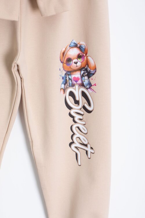 Krem Ayıcık Baskılı Beli Lastikli Kız Çocuk Eşofman Takımı  22753