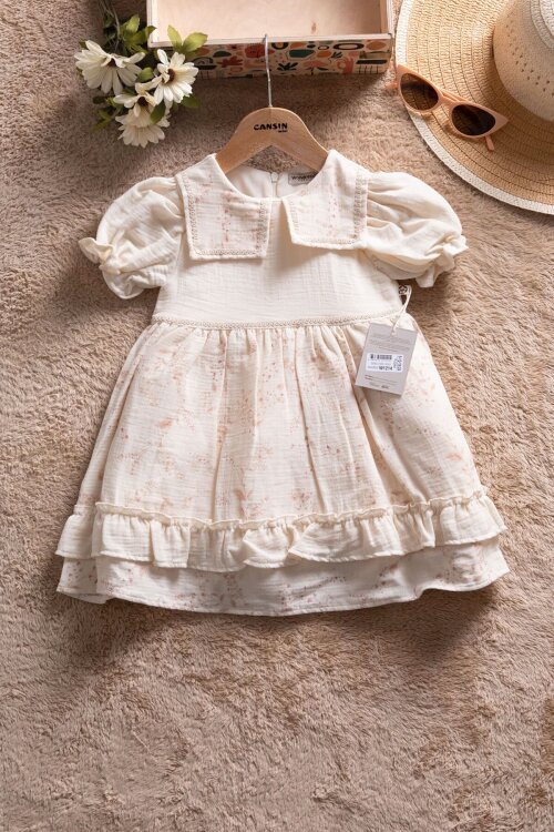 Krem Çiçek Desenli Kısa Kollu Kız Bebek Müslin Elbise 22674