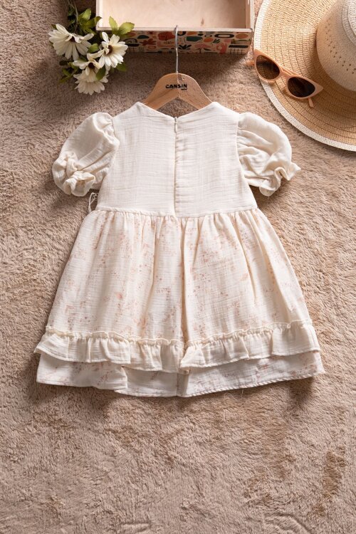 Krem Çiçek Desenli Kısa Kollu Kız Bebek Müslin Elbise 22674