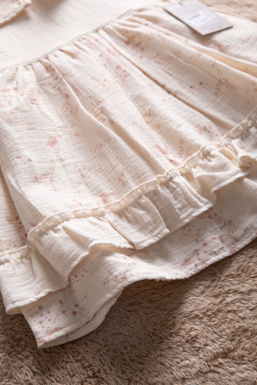 Krem Çiçek Desenli Kısa Kollu Kız Bebek Müslin Elbise 22674