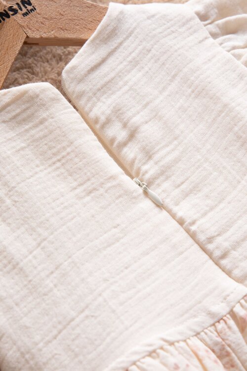 Krem Çiçek Desenli Kısa Kollu Kız Bebek Müslin Elbise 22674