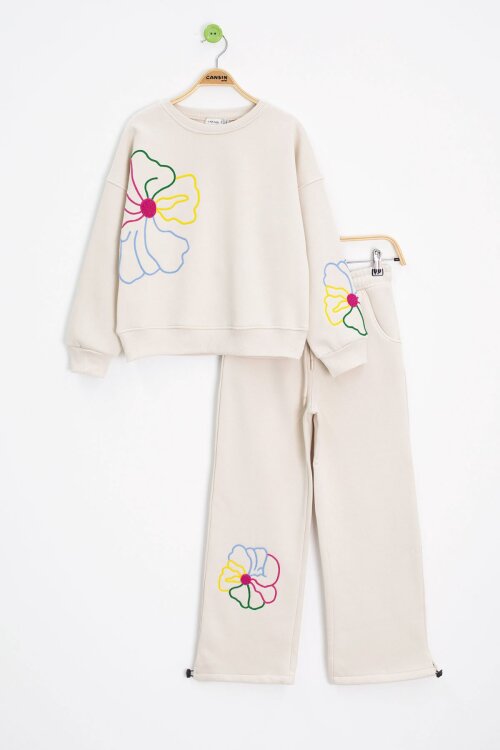 Krem Çiçek Nakış Detaylı Geniş Paça Kız Çocuk Şardonlu Takım 23284