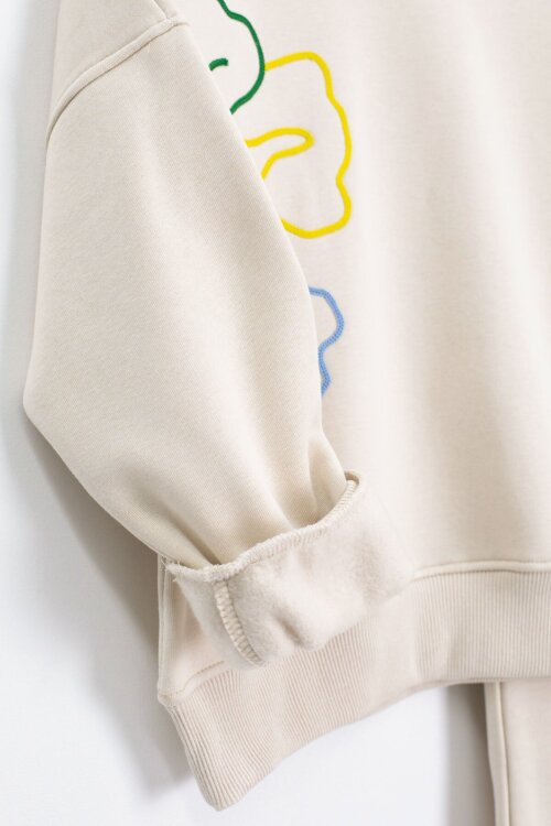 Krem Çiçek Nakış Detaylı Geniş Paça Kız Çocuk Şardonlu Takım 23284