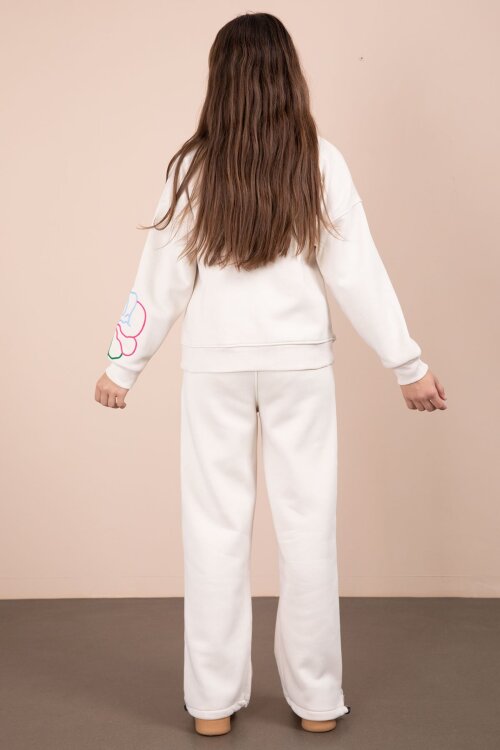 Krem Çiçek Nakış Detaylı Geniş Paça Kız Çocuk Şardonlu Takım 23284