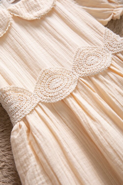 Krem Dantel İşlemeli Kuşaklı Kız Çocuk Müslin Elbise  22659