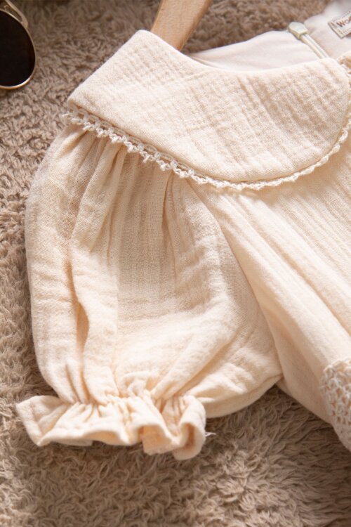 Krem Dantel İşlemeli Kuşaklı Kız Çocuk Müslin Elbise  22659