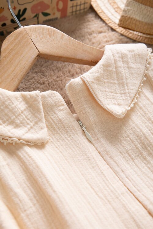 Krem Dantel İşlemeli Kuşaklı Kız Çocuk Müslin Elbise  22659