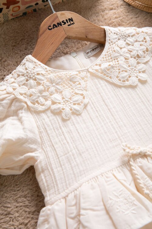 Krem  Dantel Yakalı Kız Bebek Kısa Kol Elbise  22666