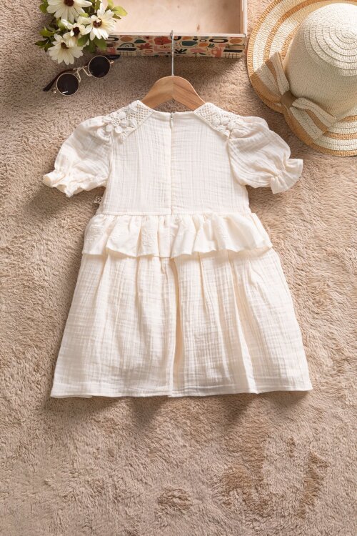 Krem  Dantel Yakalı Kız Bebek Kısa Kol Elbise  22666