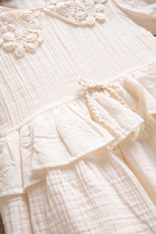 Krem  Dantel Yakalı Kız Bebek Kısa Kol Elbise  22666