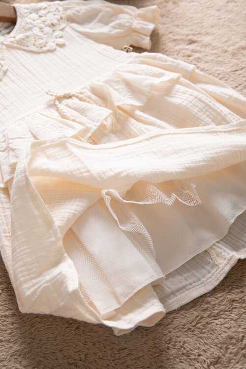 Krem  Dantel Yakalı Kız Bebek Kısa Kol Elbise  22666