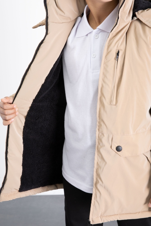 Krem Fermuarlı Göğüs Cepli İçi Kürklü Erkek Çocuk Kapüşonlu Mont 21358