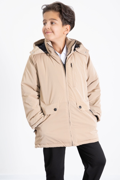 Krem Fermuarlı Göğüs Cepli İçi Kürklü Erkek Çocuk Kapüşonlu Mont 21358