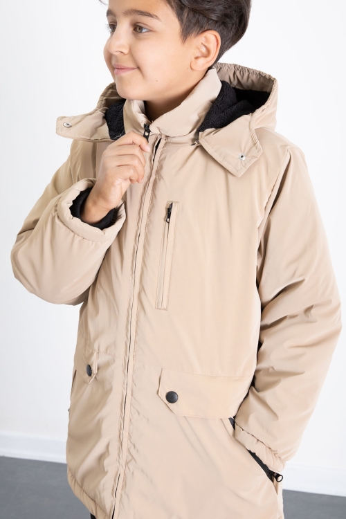 Krem Fermuarlı Göğüs Cepli İçi Kürklü Erkek Çocuk Kapüşonlu Mont 21358