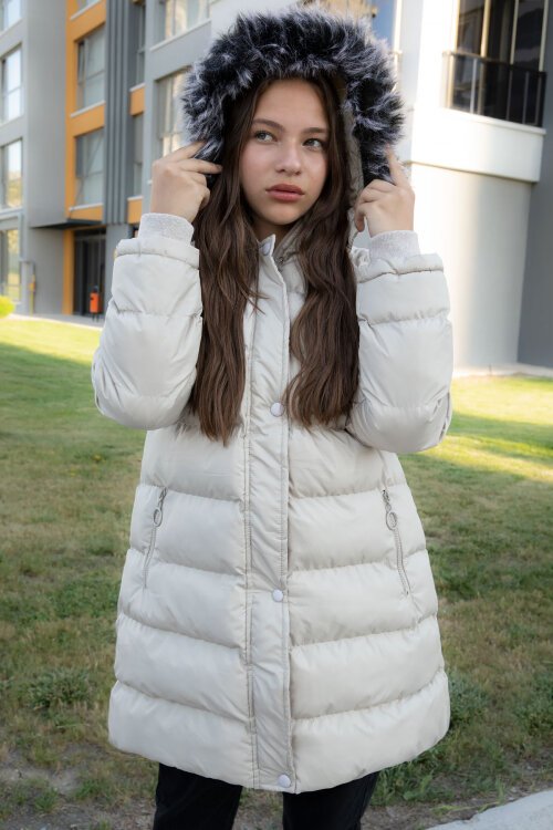 Krem İçi Kürklü Çıtçıtlı Kapüşonlu Kız Çocuk Şişme Mont 21316