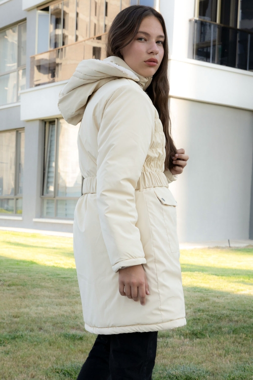 Krem Kemerli Nubuk Kumaş Kız Çocuk İçi Kürklü Kapüşonlu Şişme Mont 21315