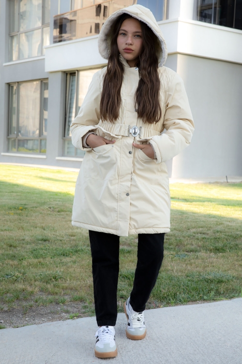 Krem Kemerli Nubuk Kumaş Kız Çocuk İçi Kürklü Kapüşonlu Şişme Mont 21315