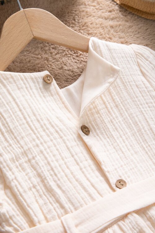 Krem Kolları Dantel Detaylı Kuşaklı Kız Çocuk Müslin Elbise 22668