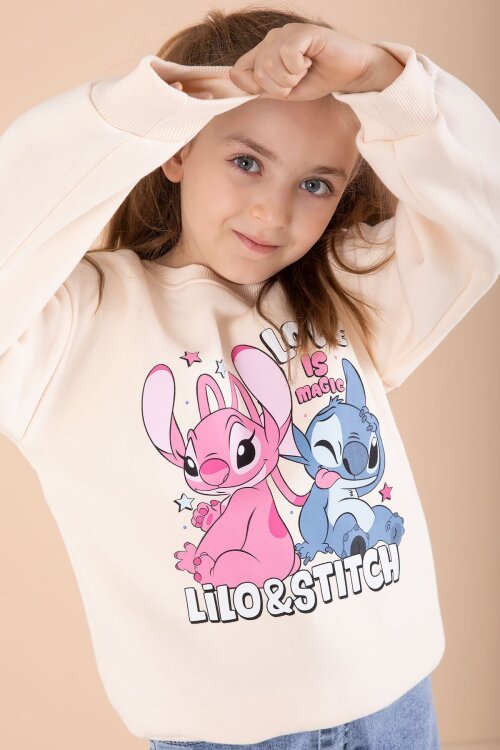 Krem Love Karakter Baskılı Şardonlu Badili Kız Çocuk Pantolonlu 2li Takım 22745