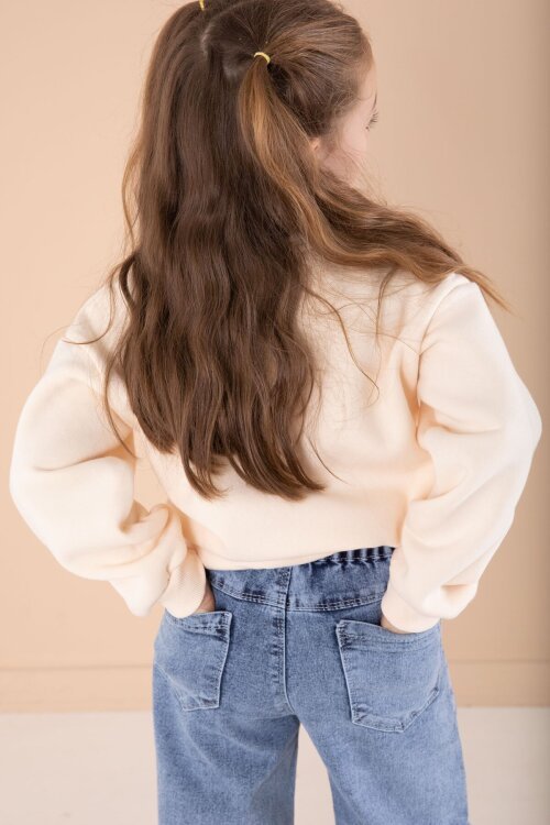 Krem Love Karakter Baskılı Şardonlu Badili Kız Çocuk Pantolonlu 2li Takım 22745