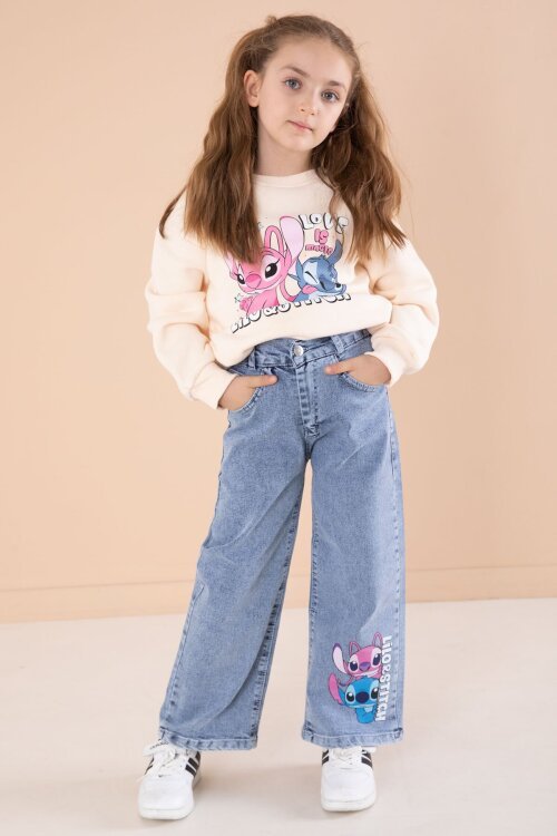 Krem Love Karakter Baskılı Şardonlu Badili Kız Çocuk Pantolonlu 2li Takım 22745