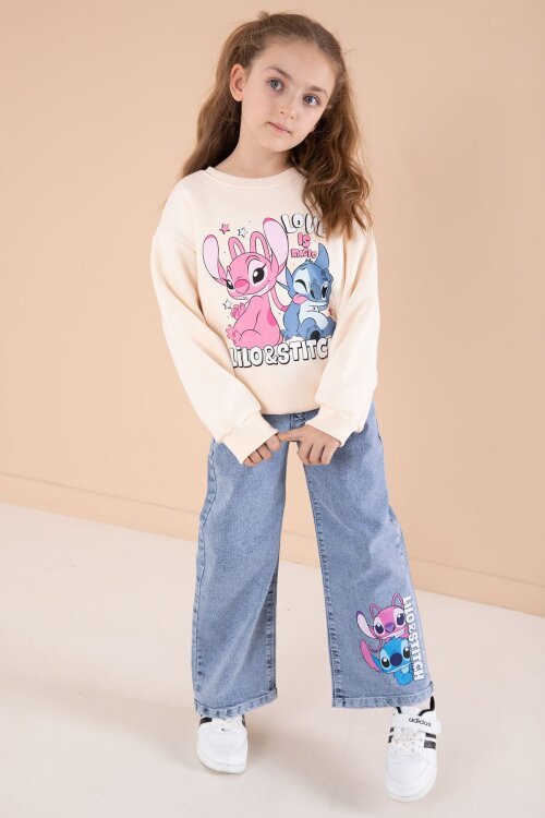 Krem Love Karakter Baskılı Şardonlu Badili Kız Çocuk Pantolonlu 2li Takım 22745