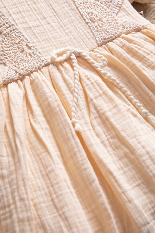 Krem Müslin Kumaş Önü Dantelli Kız Bebek Elbise  22675