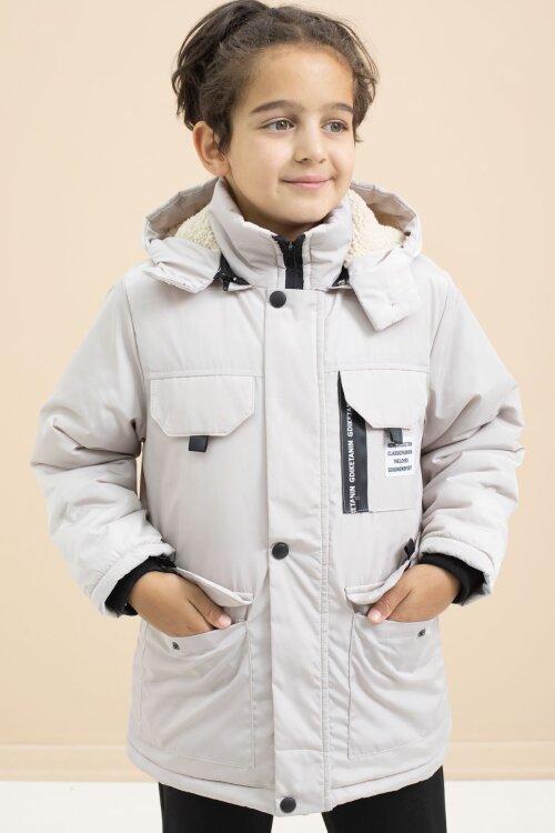 Krem Yazı Detaylı Göğüs Cepli İçi Kürklü Erkek Çocuk Kapüşonlu Mont 21478