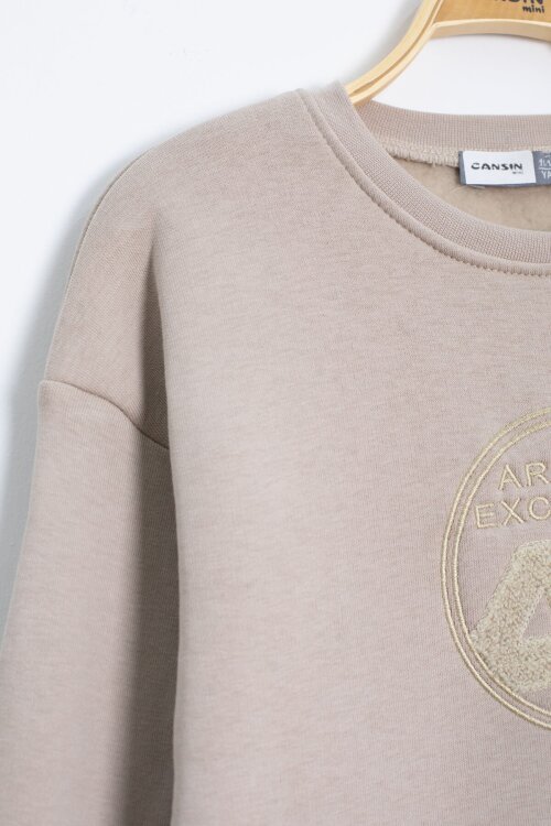 Krem Yazı Nakışlı Bisiklet Yaka Erkek Çocuk Şardonlu Sweatshirt 23247