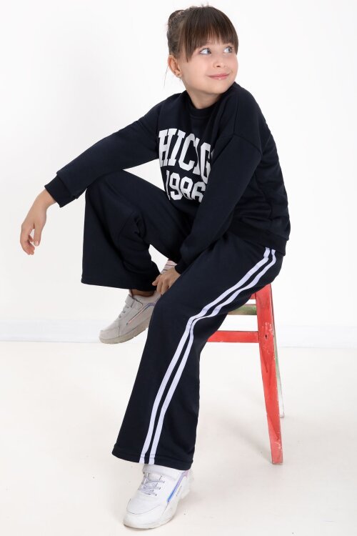 Lacivert Chicago Baskılı Kız Çocuk Şeritli Eşofman Takımı  22728