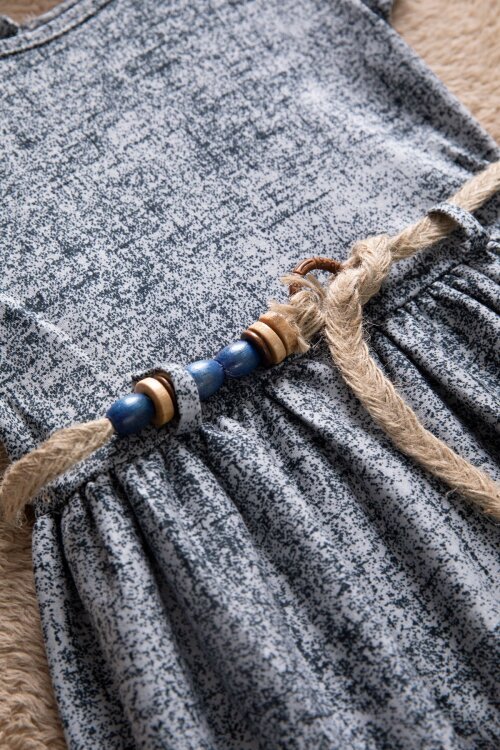 Lacivert Çiçek Desenli Hasır Kuşaklı Kısa Kol Kız Çocuk Elbise 22649