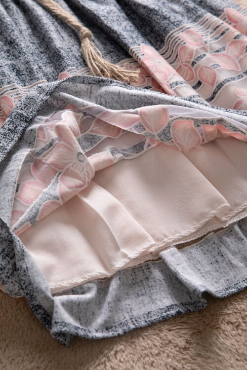 Lacivert Çiçek Desenli Hasır Kuşaklı Kısa Kol Kız Çocuk Elbise 22649