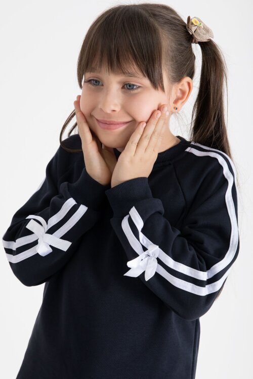 Lacivert Fiyonk Detaylı Şeritli Kız Çocuk Bisiklet Yaka Eşofman Takımı 22732