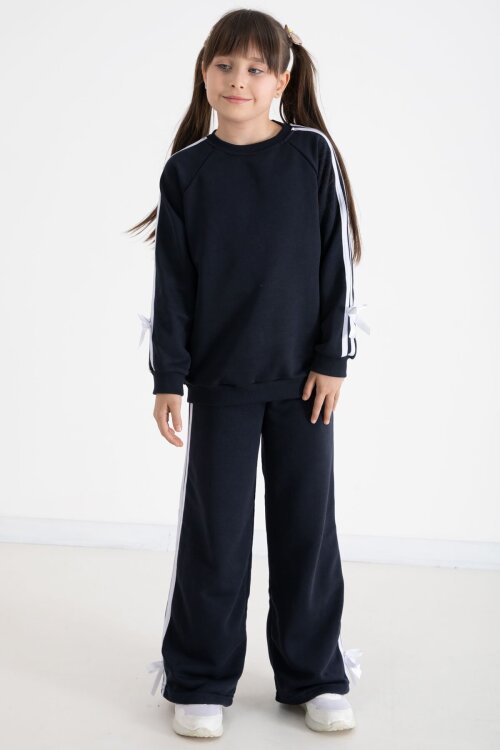 Lacivert Fiyonk Detaylı Şeritli Kız Çocuk Bisiklet Yaka Eşofman Takımı 22732