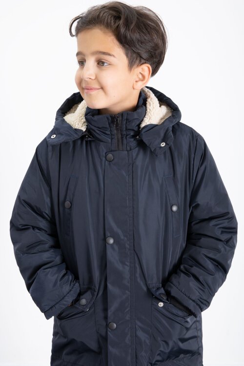 Lacivert İçi Kürklü Çıkarılabilir Kapüşonlu Basic Erkek Çocuk Şişme Mont 21436