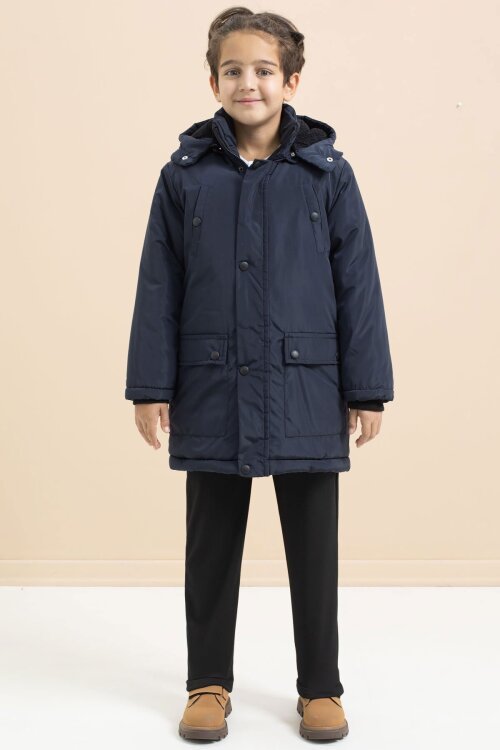 Lacivert İçi Kürklü Çıtçıtlı Cepli Uzun Kesim Erkek Çocuk Kapüşonlu Şişme Mont 21446