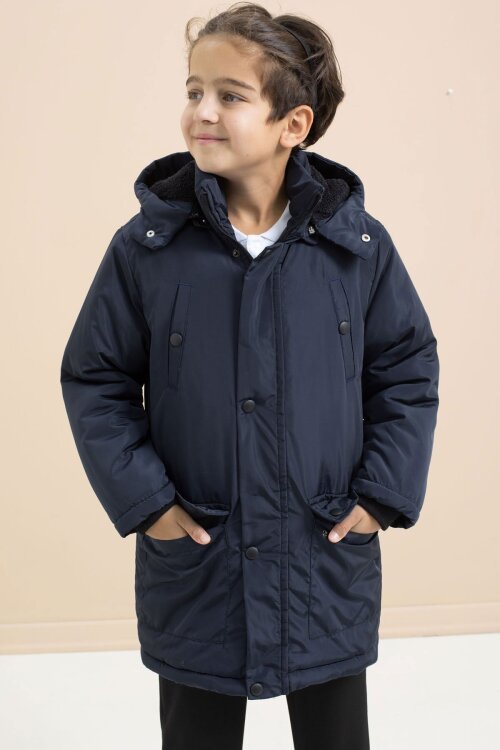 Lacivert İçi Kürklü Çıtçıtlı Cepli Uzun Kesim Erkek Çocuk Kapüşonlu Şişme Mont 21446