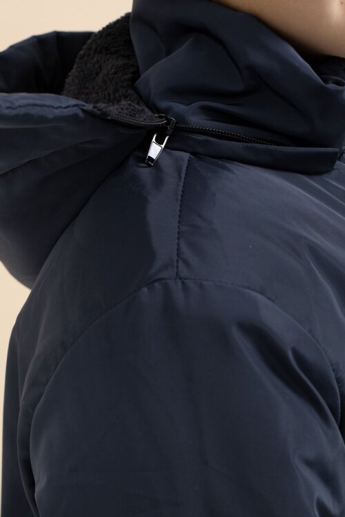 Lacivert İçi Kürklü Çıtçıtlı Cepli Uzun Kesim Erkek Çocuk Kapüşonlu Şişme Mont 21446