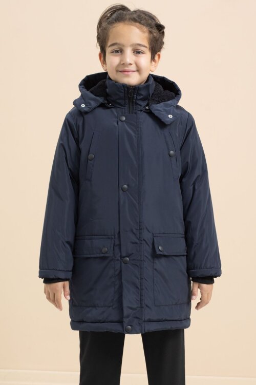Lacivert İçi Kürklü Çıtçıtlı Cepli Uzun Kesim Erkek Çocuk Kapüşonlu Şişme Mont 21446
