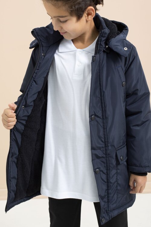 Lacivert İçi Kürklü Çıtçıtlı Cepli Uzun Kesim Erkek Çocuk Kapüşonlu Şişme Mont 21446