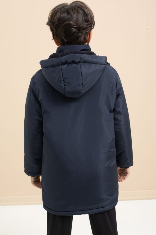 Lacivert İçi Kürklü Çıtçıtlı Cepli Uzun Kesim Erkek Çocuk Kapüşonlu Şişme Mont 21446