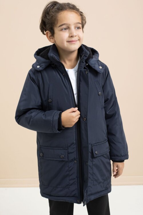 Lacivert İçi Kürklü Çıtçıtlı Cepli Uzun Kesim Erkek Çocuk Kapüşonlu Şişme Mont 21446