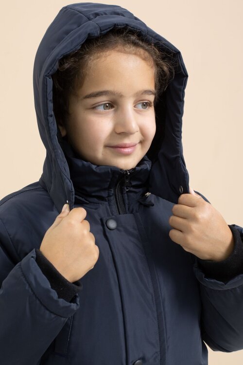 Lacivert İçi Kürklü Çıtçıtlı Cepli Uzun Kesim Erkek Çocuk Kapüşonlu Şişme Mont 21446