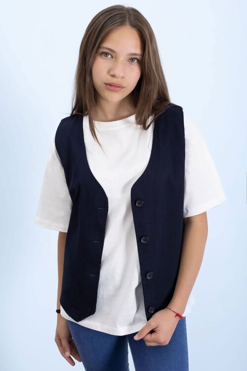 Lacivert Kız Çocuk Düğme Detaylı Yelek 21524
