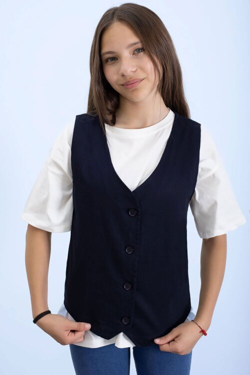 Lacivert Kız Çocuk Düğme Detaylı Yelek 21524