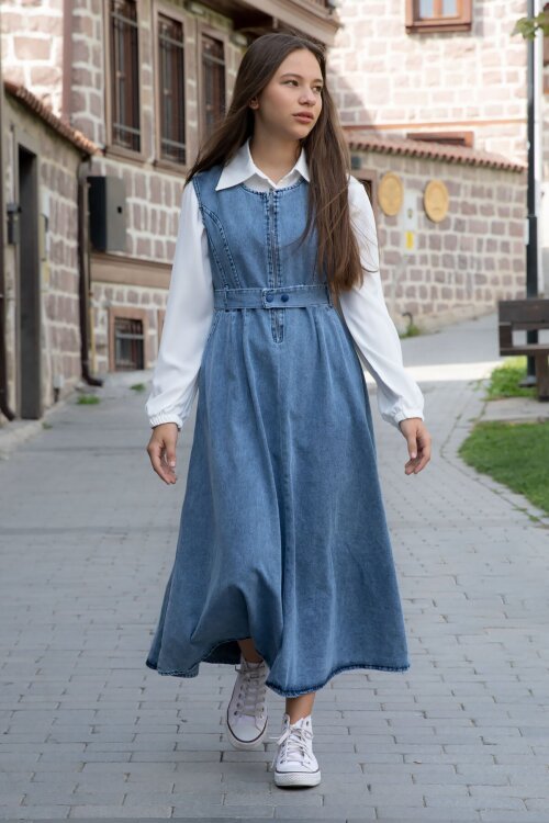 Lacivert Önü Fermuarlı Klasik Gömlekli Kız Çocuk Kuşaklı Jean Elbise 22738